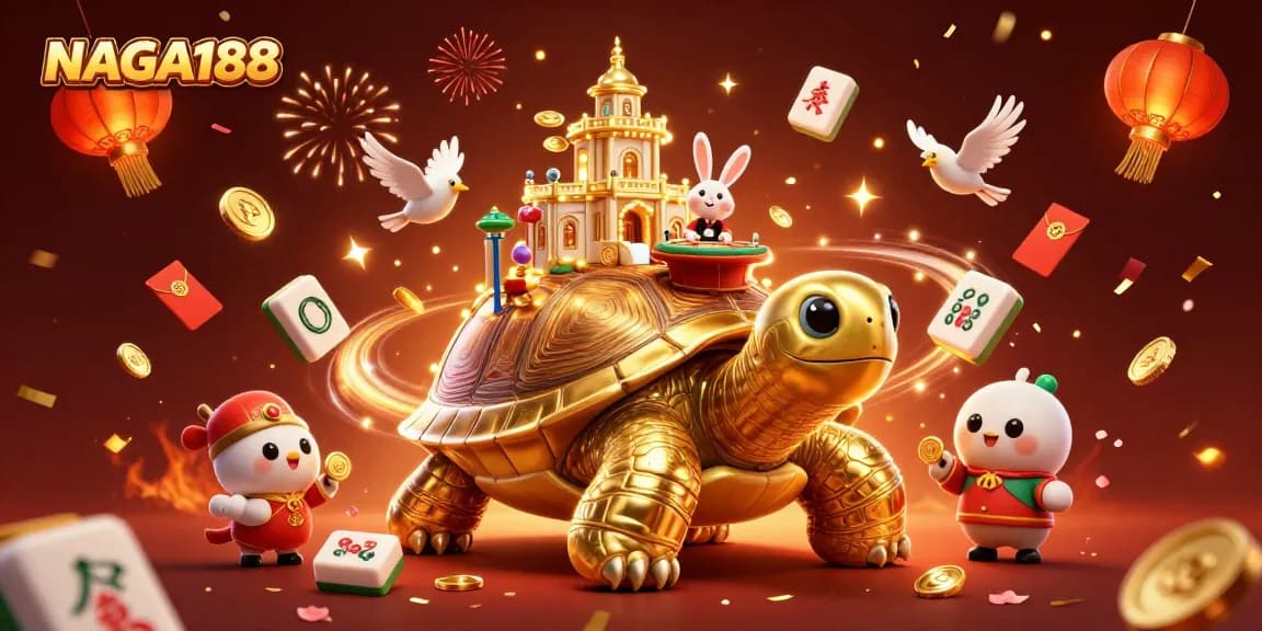 NAGA188 menyajikan dealer kelinci di kasino mini di atas tortoise emas, dikelilingi emas dan elemen permainan.