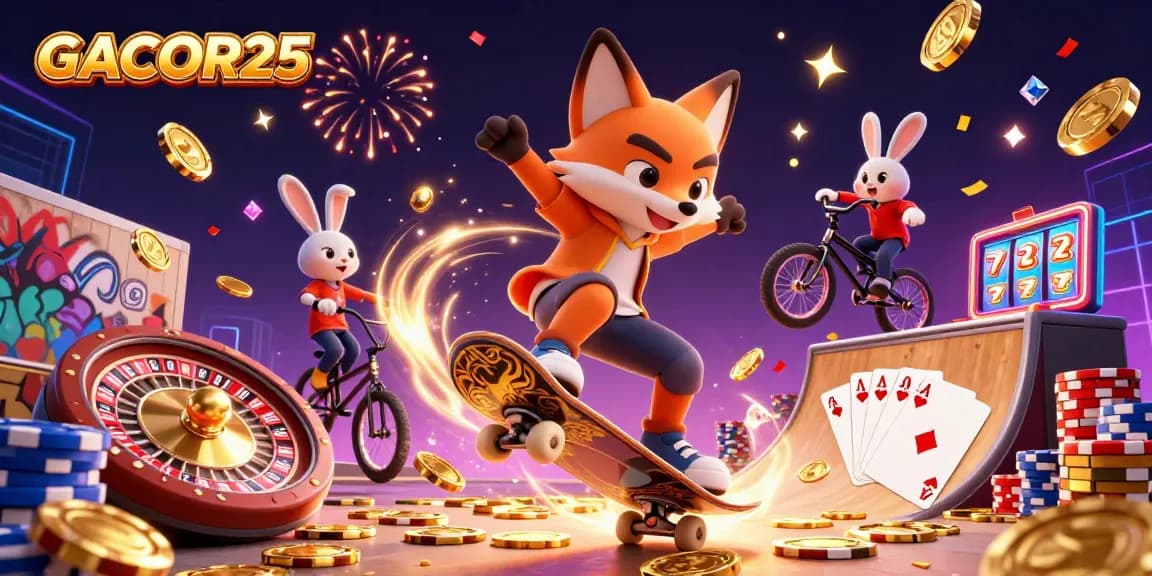 Win big at GACOR25 with a thrilling scene of a skateboarder fox and BMX rabbit amidst casino symbols.