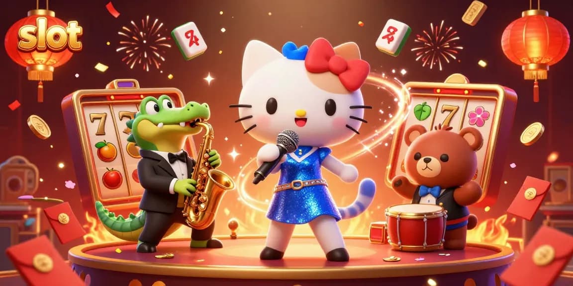 Slot permainan modern dengan karakter kucing penyanyi dan elemen keberuntungan berkilau.