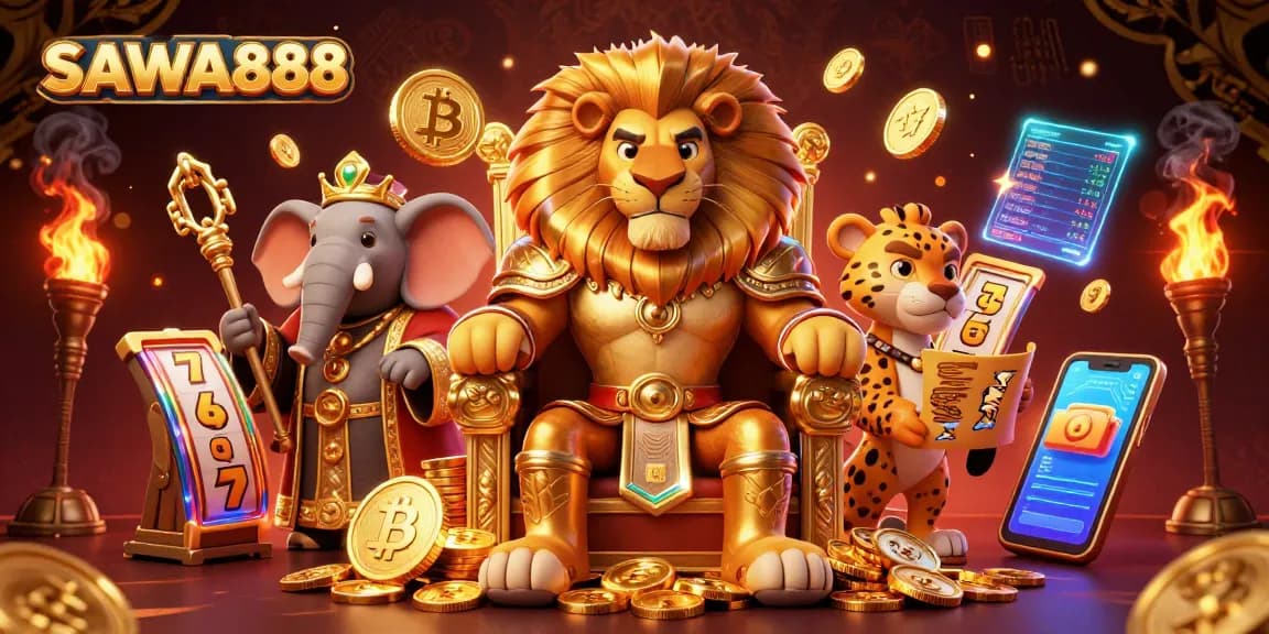SAWA888 showcases a majestic lion king surrounded by gold coins and exciting slot machines, perfect for casino enthusiasts.