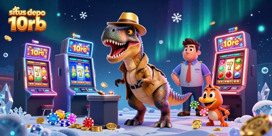 Spin the reels at situs depo 10rb casinos with cartoon dinosaurs enjoying slots and jackpots.