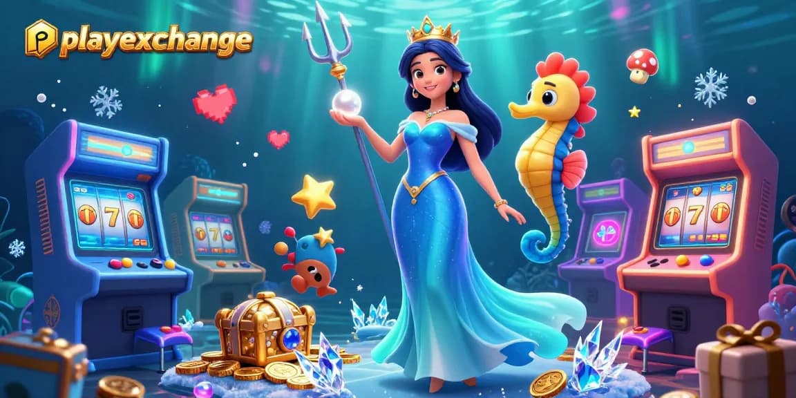 Experience the excitement of playexchange with a vibrant underwater casino scene featuring a dazzling woman and seahorse king.