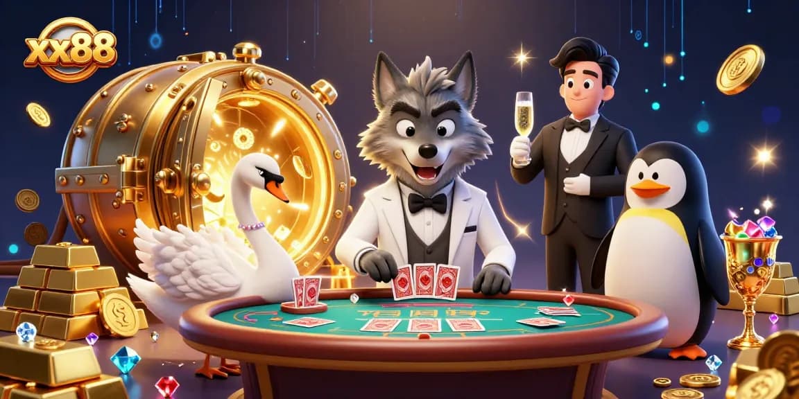 Experience thrilling baccarat action at xx88 with a sophisticated cartoon scene featuring charming characters and gem-filled treasures.