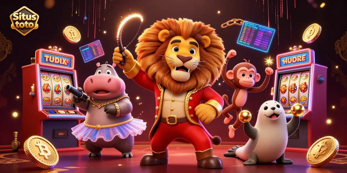 Situs toto offers thrilling slot gameplay, featuring a colorful scene filled with joyous circus characters and high-energy casino elements.