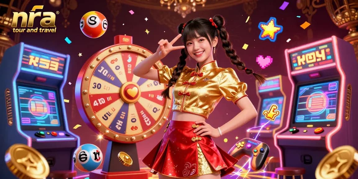 Engage with nra tour and travel’s vibrant casino action featuring an energetic Asian woman amidst colorful elements.