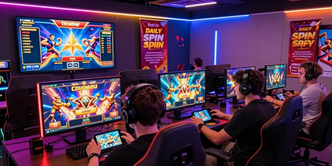 Players enjoying the thrill of oppa86 link spins at an online gaming hub, showcasing vibrant graphics and interactive gameplay.