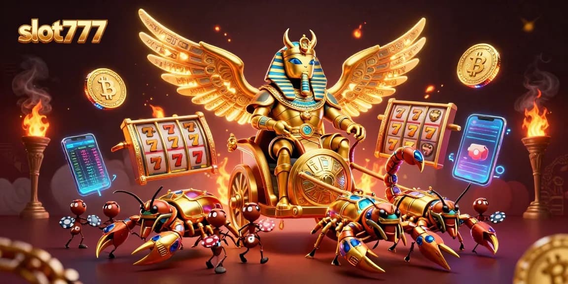 Spin slot777 reels to uncover jackpots with a pharaoh-themed chariot and vibrant casino elements.