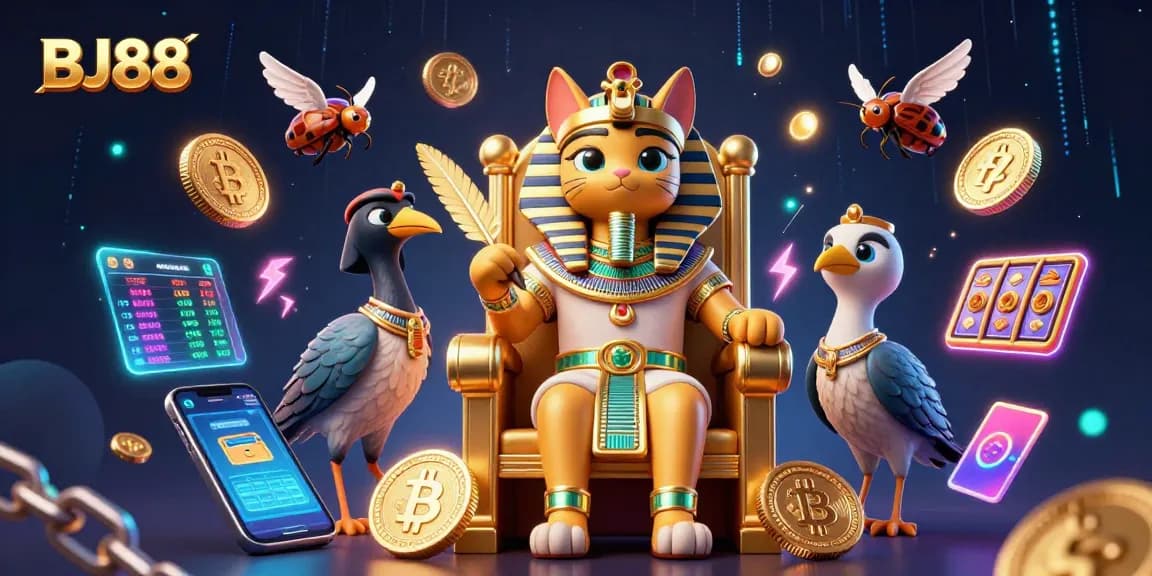 Engage with thrilling games at BJ88, featuring dynamic casino action and colorful symbols of wealth.