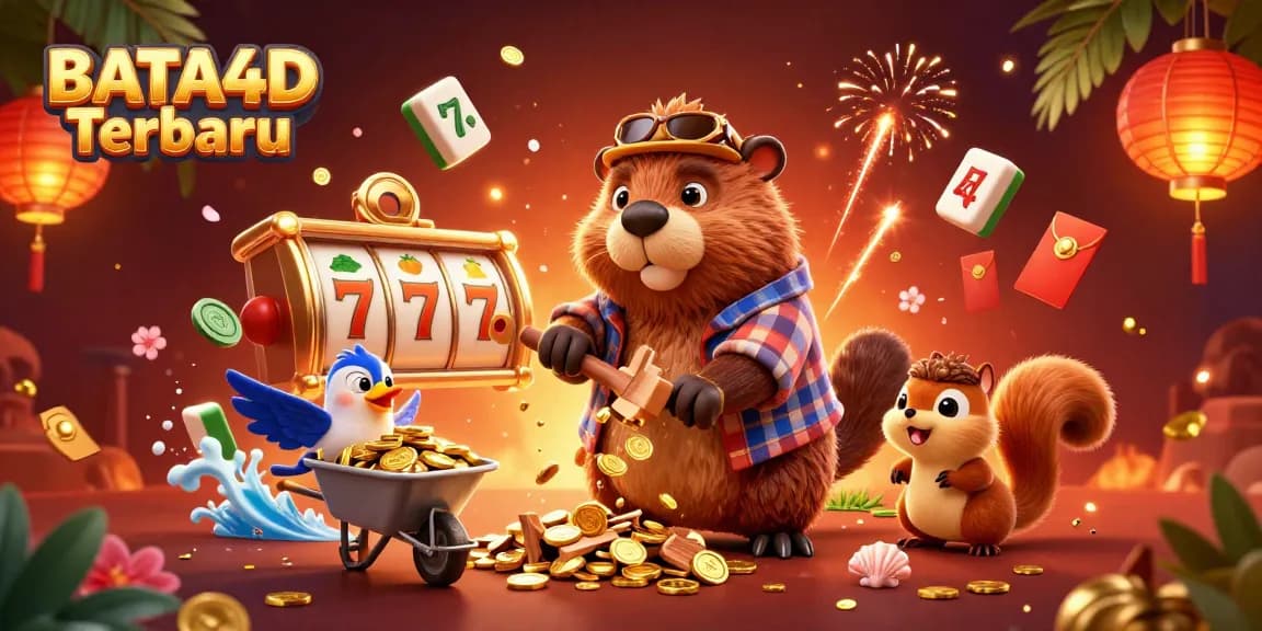 BATA4D Terbaru menampilkan karakter beaver pemotong pohon yang mengeluarkan koin emas, dikelilingi elemen permainan kasino yang menarik.
