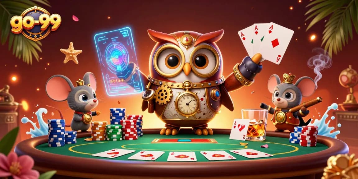 Engage in thrilling casino action with go-99's vibrant poker scene showcasing a time-traveling owl.