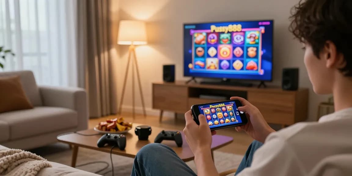 Pussy888 Download on a player’s smartphone in a cozy living room during a gaming session.