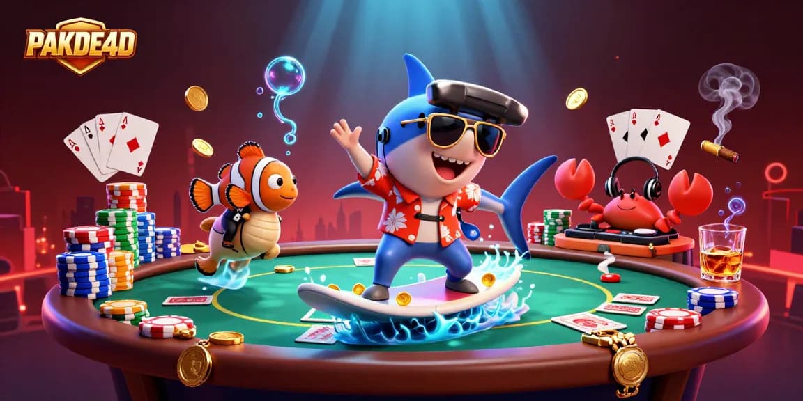 Menang dengan PAKDE4D, ilustrasi kasino menampilkan hiu dan komunitas bermain togel dengan warna cerah.
