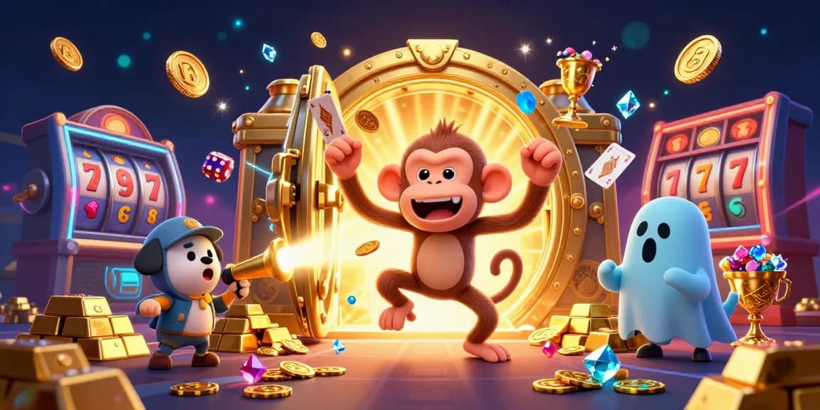 Experience the thrilling action of luxury138 with the poltergeist monkey juggling casino treasures in a vibrant setting.