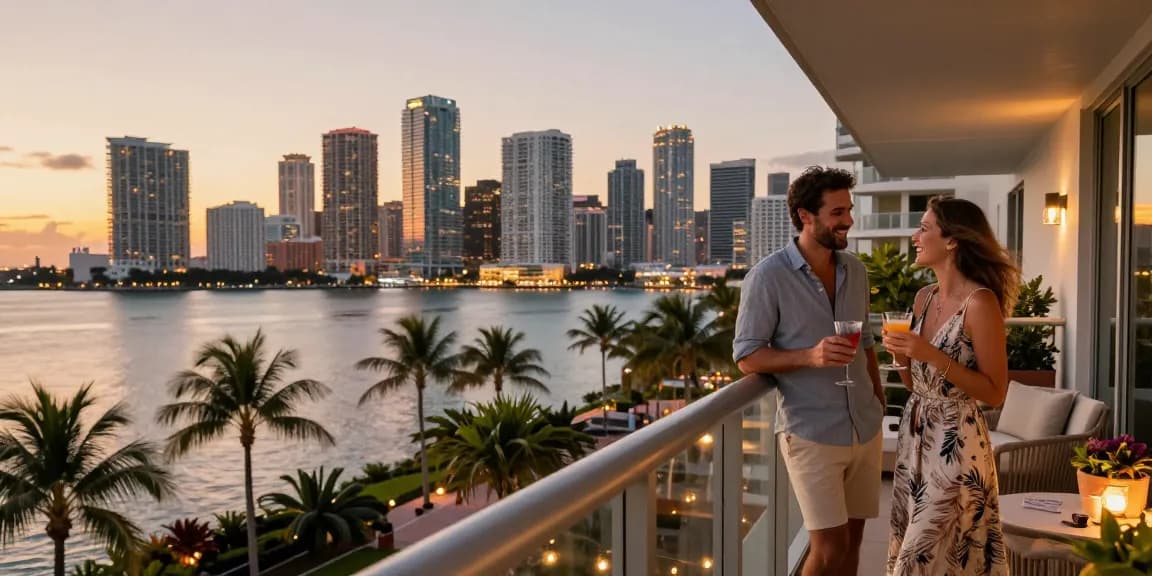 Properti mewah di Miami, pasangan menikmati pemandangan sambil bersantai di balkon, menciptakan suasana petualangan yang mengundang.