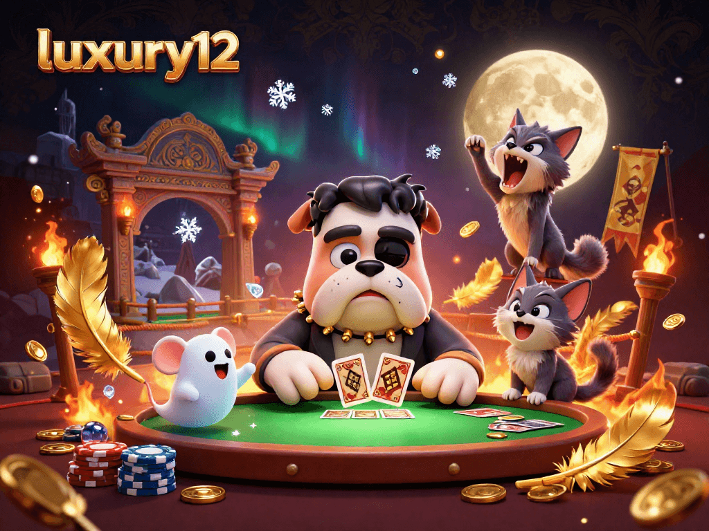 Experience thrilling gameplay with luxury12 in a dynamic, animated casino scene featuring unique characters.