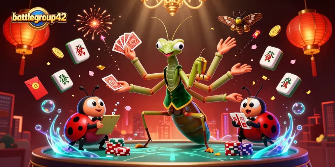 battlegroup42 showcases a vibrant online casino scene with a mantis dealer and ladybug pit boss, celebrating wins.