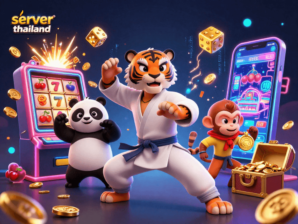 Engage in thrilling slots with server thailand at the center of a vibrant 3D casino scene.