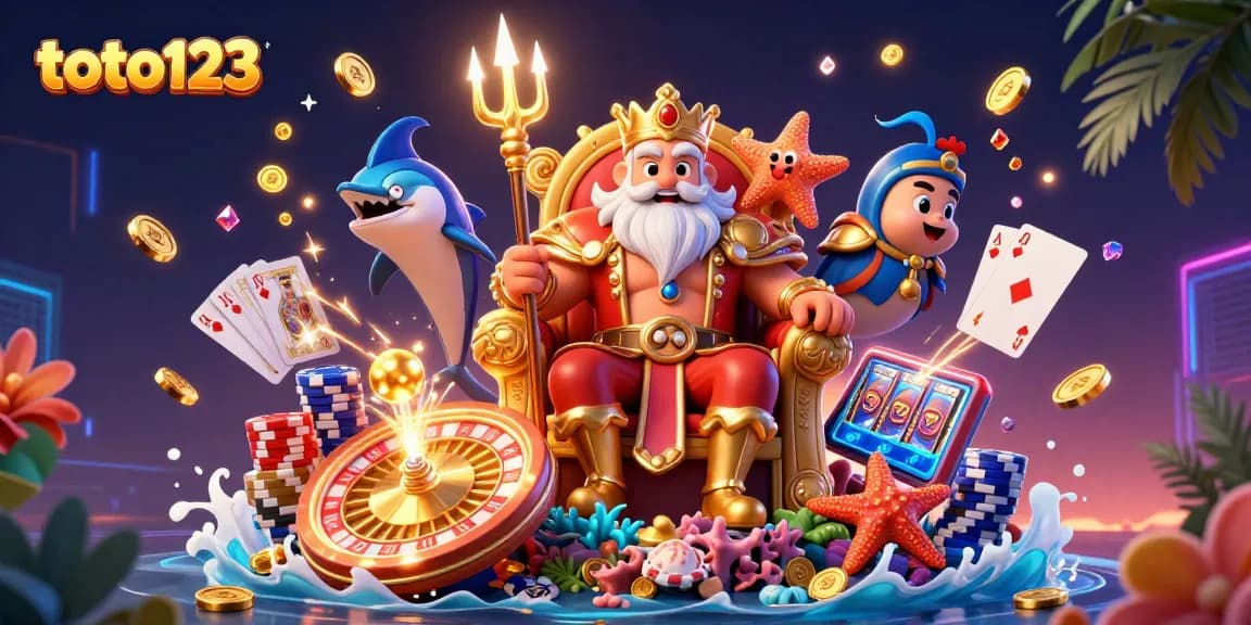 Play with the exciting toto123 brand in this vibrant 3D casino illustration showcasing gaming elements.