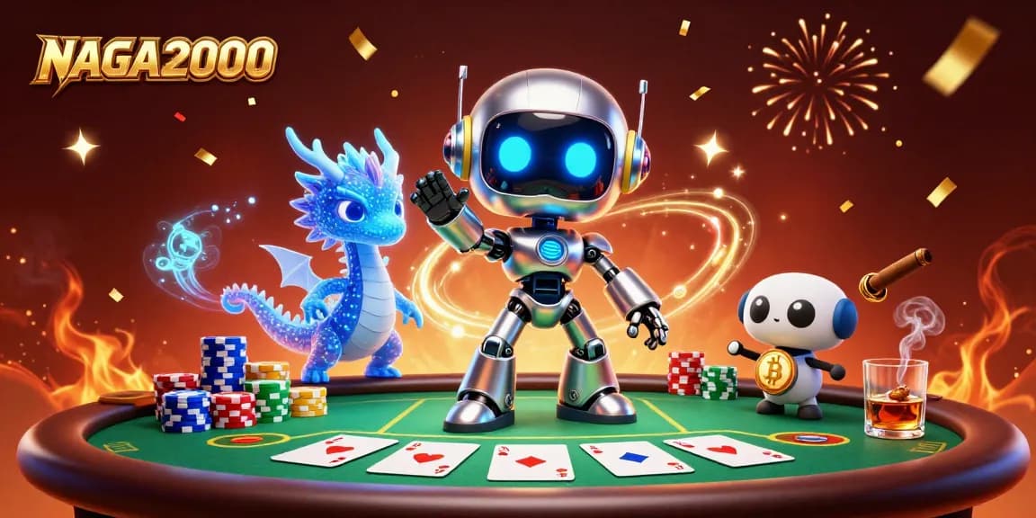 NAGA2000 menampilkan adegan poker yang energik dengan robot cyberpunk dan naga dalam aksi.