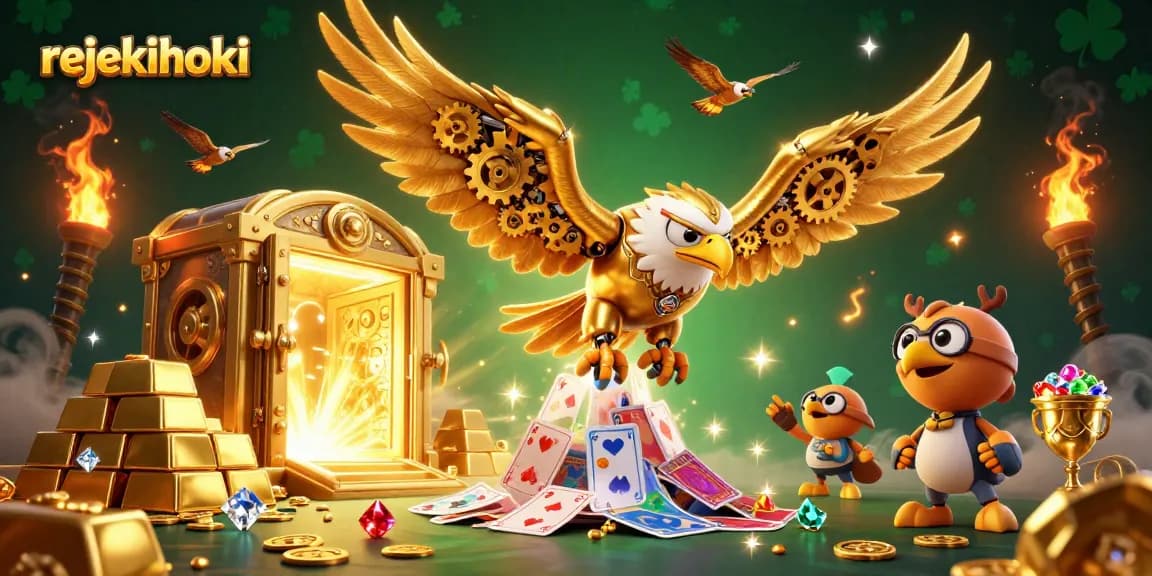 Experience rejekihoki gaming excitement with a dynamic illustration of a cybernetic eagle amidst cards and treasures.