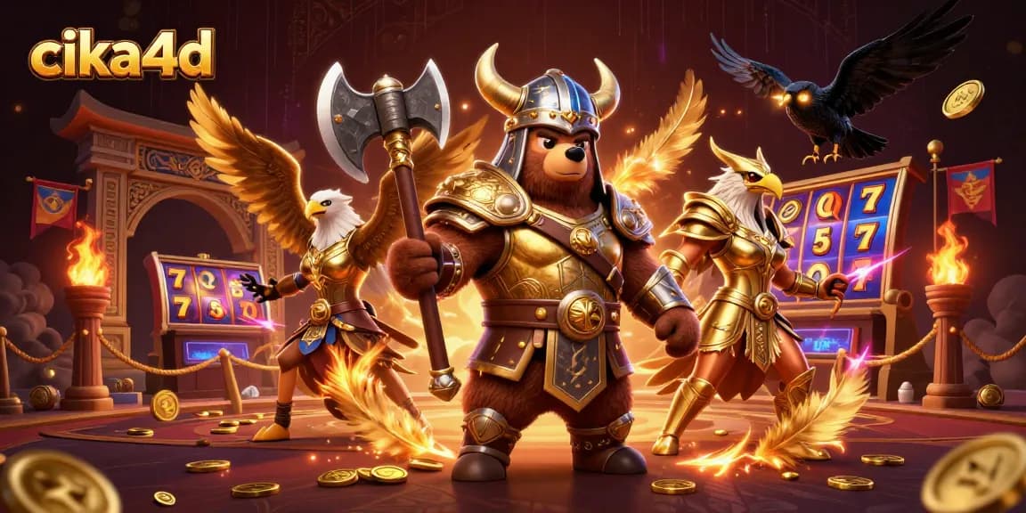 Engage with cika4d's thrilling slots in this vibrant 3D casino scene featuring dynamic characters.