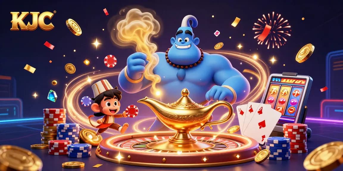 Experience KJC's thrilling gaming atmosphere with a dynamic genie and poker chips.
