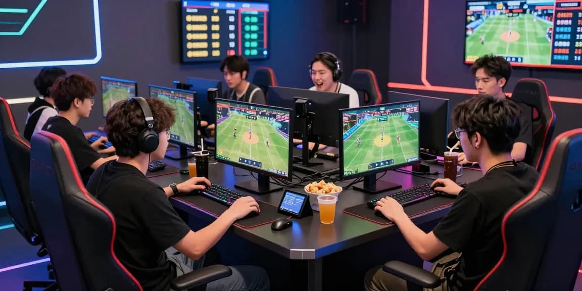 LUCK8 players actively engaging in sports betting in a high-tech gaming setup