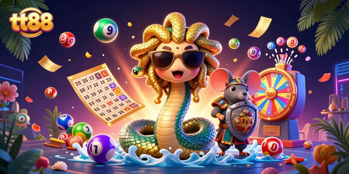 Spin to win with tt88 as Medusa and a mouse champion celebrate vibrant lottery wins.