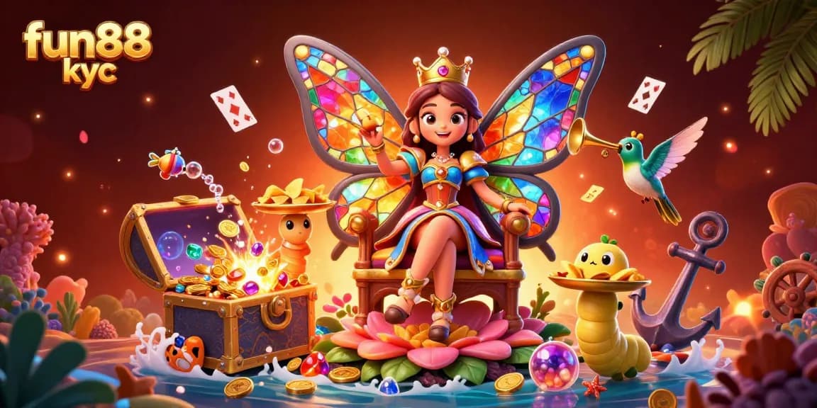 Chơi khuyến mãi thú vị với fun88 kyc, hình ảnh hoàng hậu bướm và các yếu tố casino đầy sắc màu.