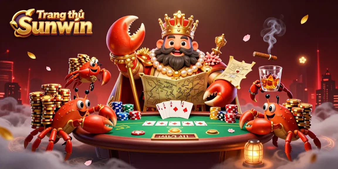 Experience the excitement of Trang chủ Sunwin with a grand scene featuring a golden crab emperor amidst a vibrant casino atmosphere.