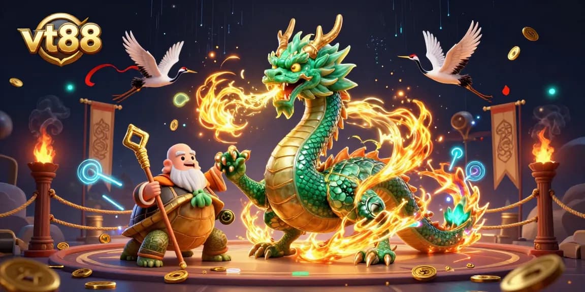 Play and win at vt88, featuring an epic illustration of fortune elements in a vibrant casino setting.