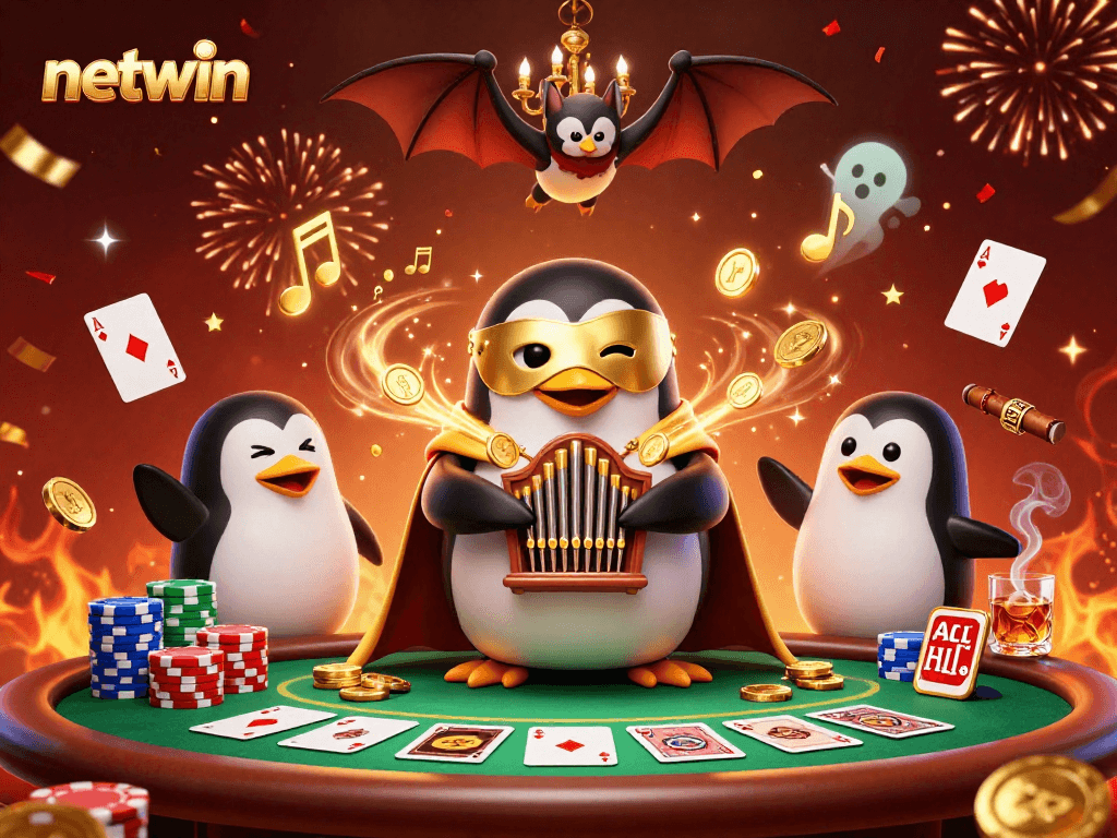 Experience the thrill of netwin with a 3D penguin playing organ coins amidst a lively casino scene.