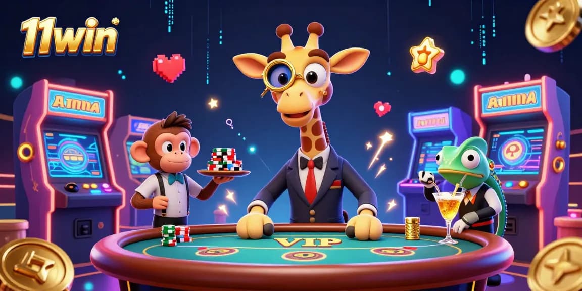 11win showcases high-stakes gaming with a giraffe and monkey at a vibrant casino.
