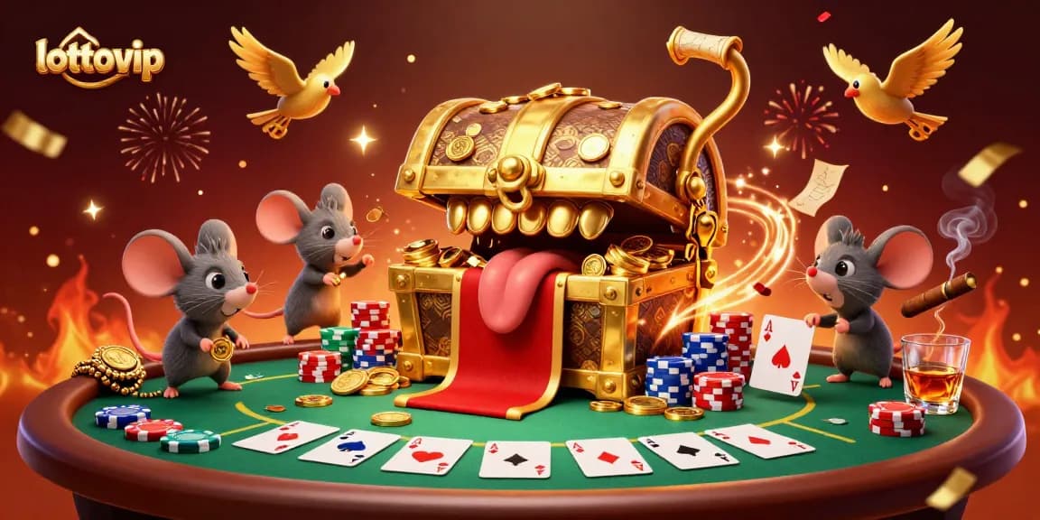 Permainan lottovip dengan peti harta karun, tikus petualang, dan elemen kasino, penuh warna dan detail menarik.