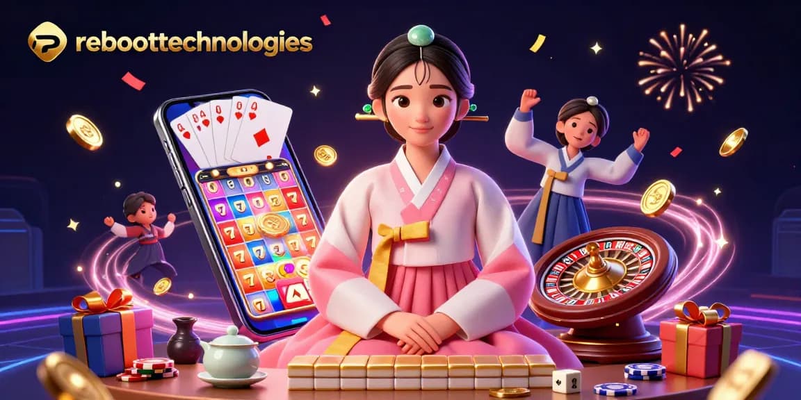 Win big with reboottechnologies in a vibrant casino-themed digital artwork featuring slot games.