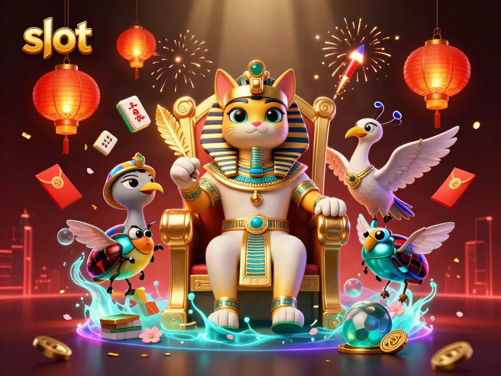 Menangkan slot di kasino dengan simbol keberuntungan dan dekorasi megah yang mengelilingi karakter utama.