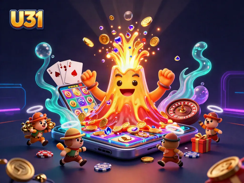 Experience thrilling U31 gameplay with a erupting volcano showering treasures in an exciting casino scene.