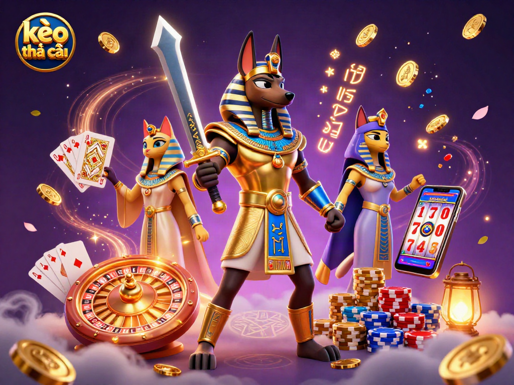 Experience kèo nhà cái with ancient Egyptian warriors and vibrant casino elements in a dynamic scene.