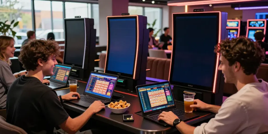 Engaging unsurtoto online gambling environment with players enjoying lottery games and vibrant ambiance