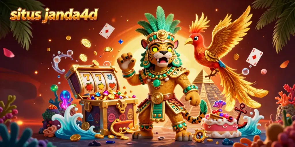 Visualisasi permainan situs janda4d dengan jaguar Meksiko dan slot yang penuh harta karun.