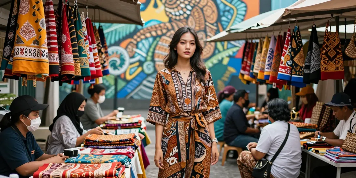 Pakaian Batik88 yang stylish di pasar tradisional, menampilkan keanggunan budaya Indonesia.