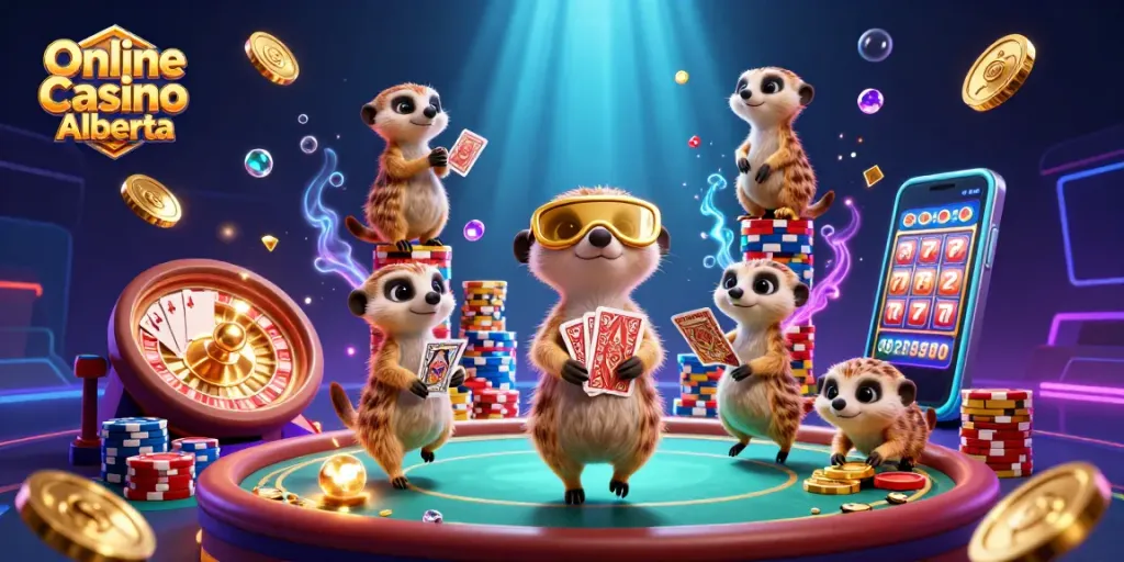 Experience Online Casino Alberta magic with playful meerkats running a vibrant casino scene.