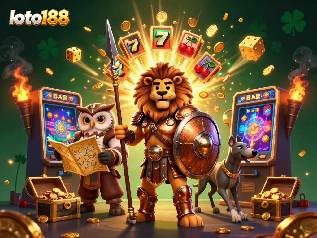 Experience the excitement of loto188 with a vibrant 3D casino scene showcasing thrilling slot machines and dynamic characters.