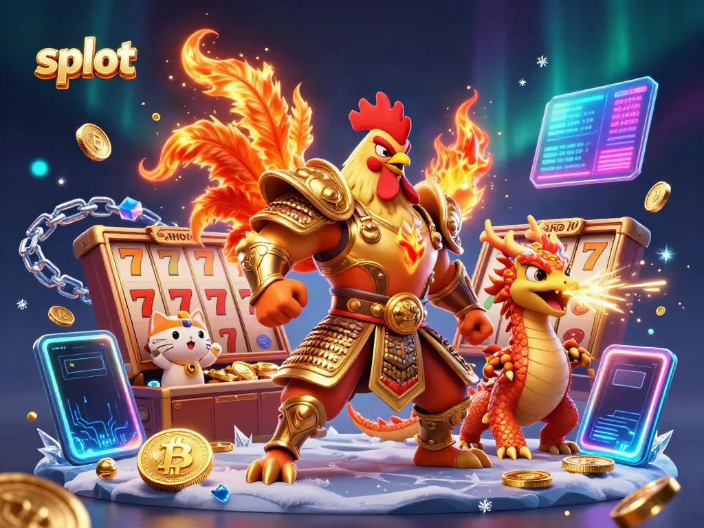 Experience thrilling slot action with a 3D rooster warrior and dragon amidst vibrant graphics.