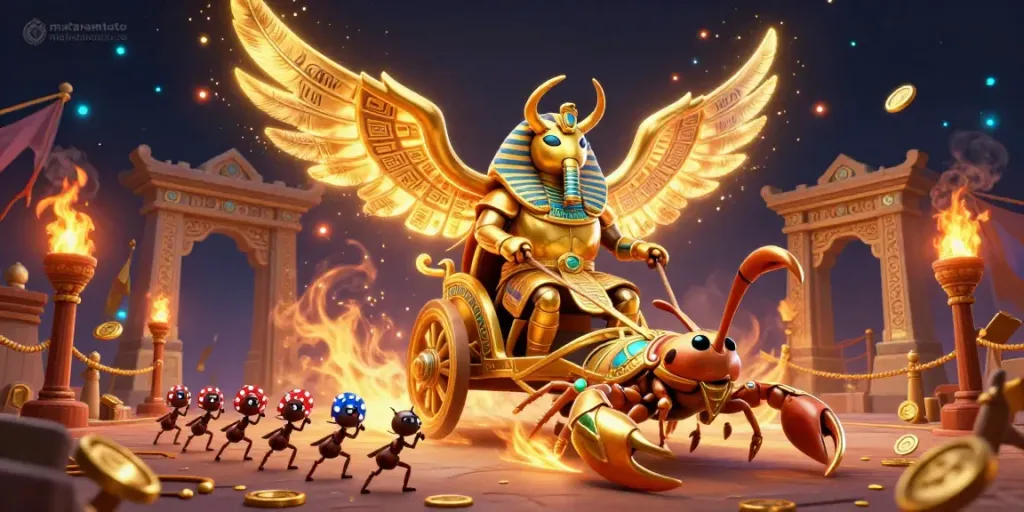 Celebrate your wins at mataramtoto with this vibrant illustration featuring a golden scarab beetle and scorpions in a dynamic gambling arena.