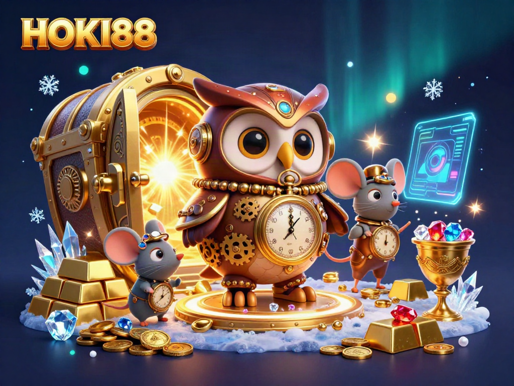 Engage with the vibrant HOKI88 casino world, featuring a steampunk owl amidst dazzling treasures.