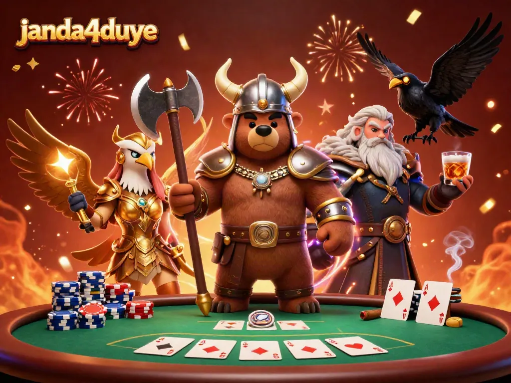 janda4duye, ilustrasi kasino 3D dengan karakter Viking dan elemen permainan kartu yang menarik