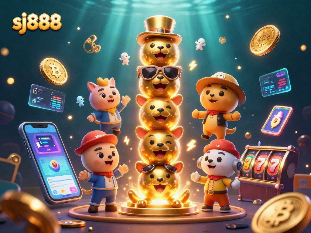 Spin the reels with sj888's vibrant 3D casino illustration showcasing dynamic game elements and crypto integration.