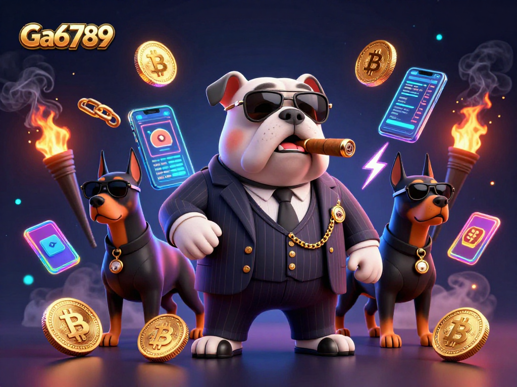 Ga6789 showcases a 3D mafia boss bulldog casino illustration with vibrant cryptocurrency elements.