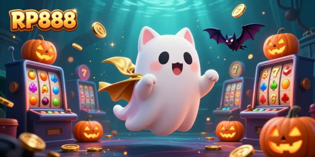 Menghadirkan keseruan RP888 dengan kucing hantu dan simbol slot yang berkilau di kasino.